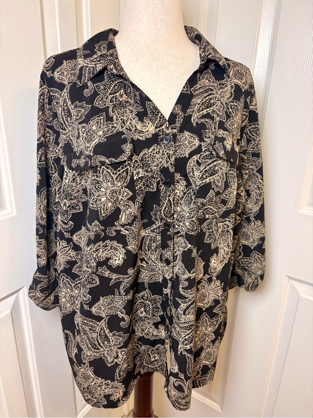 Catherines Black Tan Paisley Blouse 3/4 Sleeve Workwear Top Size 0X 14/16